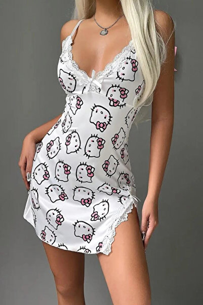 HUBANN Hello Kitty Seksi Derin V Yaka Dantel Detaylı Yırtmaçlı Gece Elbisesi ...
