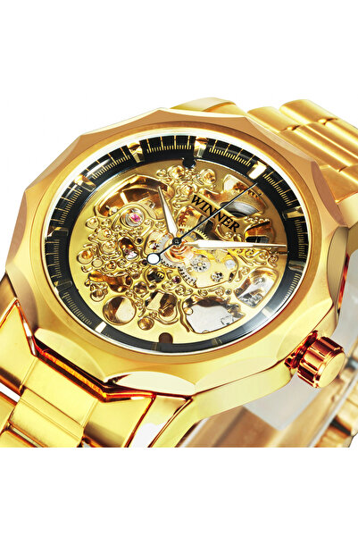 T-WINNER Ceas de mână bărbătesc, mecanism mecanic automat, oțel, clasic, auriu