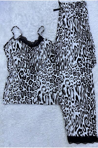 VAJESTO Set de pijamale pentru femei, cu bretele din leopard, cu detaliu din dantelă, elegant, din bumbac, moale, de vară