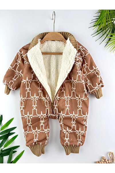 Minizade Bear Patterned Winter Fleece-Lined Baby Cosmonaut Jumpsuit Winter Unisex Jumpsuit