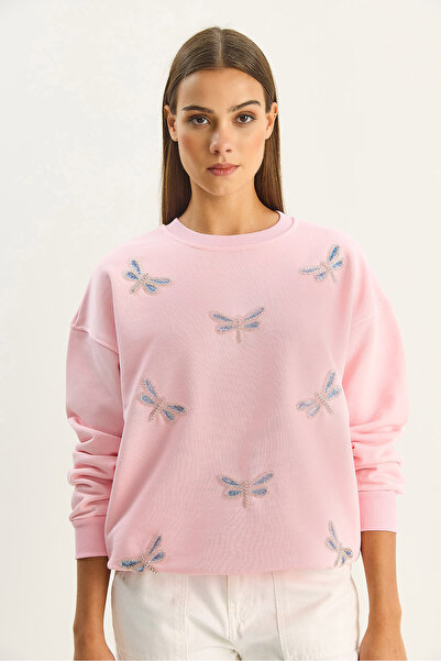 Bianco Lucci Kadın Bisiklet Yaka Kelebek Taş İşlemeli Relaxed Sweatshirt 1558 60283660