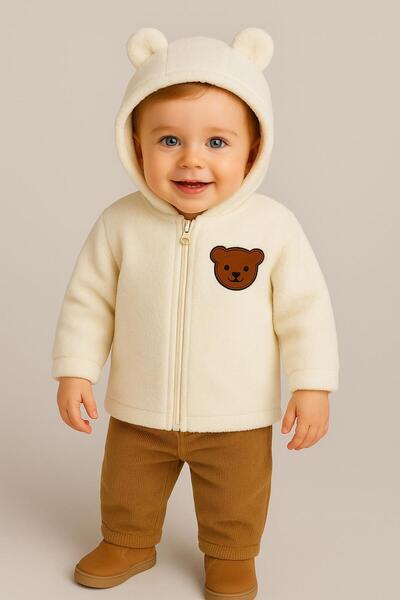 nevrankids Unisex Cardigan Baby Welsoft Bear Ears Embroidered Zippered Winter - Ecru