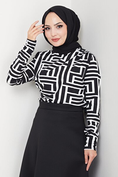 hafsamina Labyrinth Patterned Draped Body White Hm2828