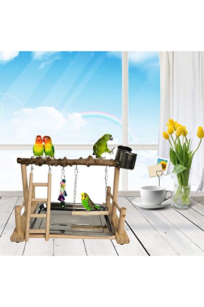 MyPetShop Natural Wood Bird Toys Playground with Removable Tray & 2 Stainless Steel Cups