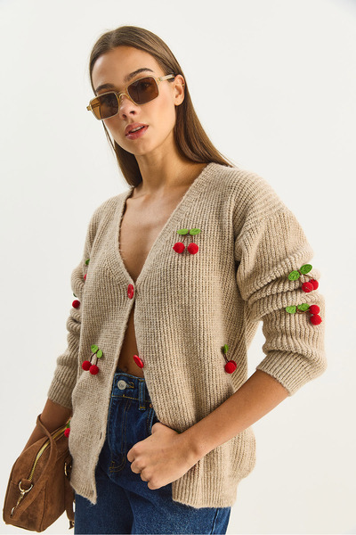 Bianco Lucci Kadın V Yaka Kiraz Aksesuarlı Triko Hırka 60283662