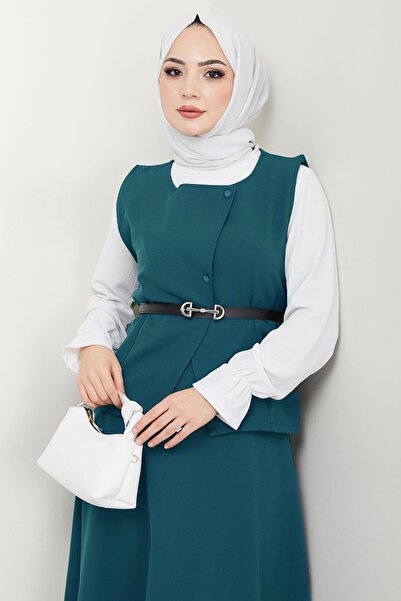 hafsamina Double Suit with Vest and Skirt Petrol Hm2690