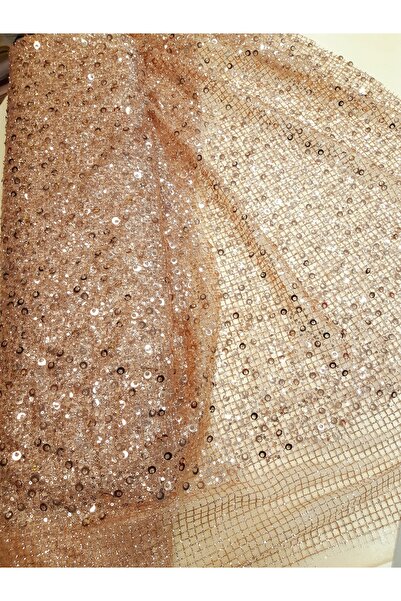 Safir Kumaş Sıcak Rose Gold Rengi Simli Karo Tül Üzerine Pul ve Boncuk İşleme...