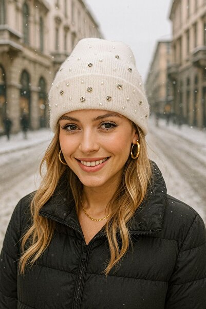 MARBERRY Beretă pentru femei cu broderie de perle ecru