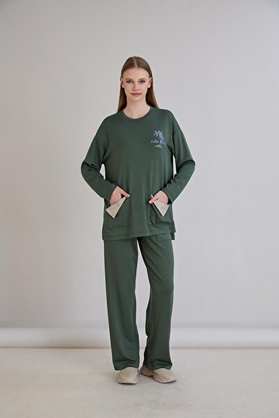 Sortie Women's Pockets Leather Paneled Chest Printed Crew Neck Khaki Tunic