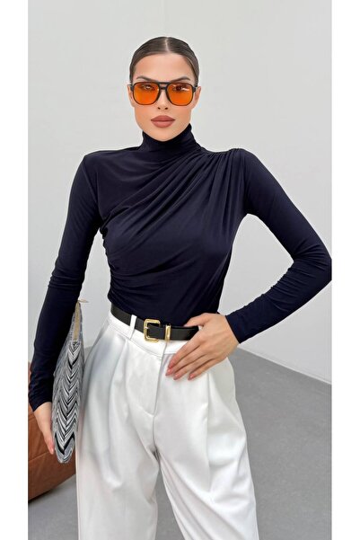 cemo Women's Half-Neck Gathered Sandy Fabric Blouse