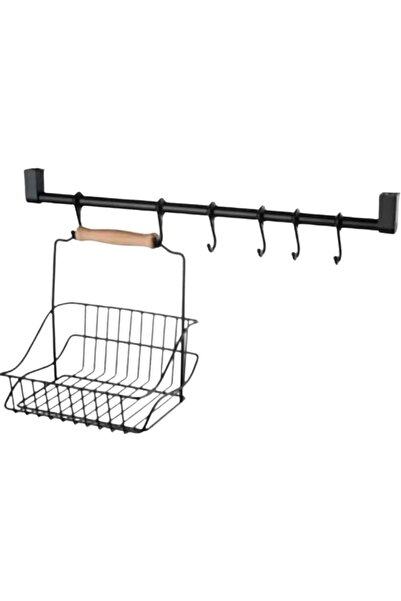 STOREMAX Retro Ferforje Askılı Siyah Metal Düzenleyici Sepet, Ahşap Kulplu, M...