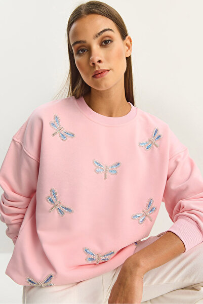 Bianco Lucci Women's Crew Neck Butterfly Stone Embroidered Relaxed Sweatshirt 1558 60283660