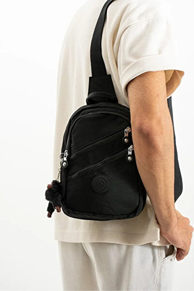 Sanmorris Black Unisex Crinkle Fabric Body Bag with Accessories Free Bag Daily Sports Cross Shoulder Bag