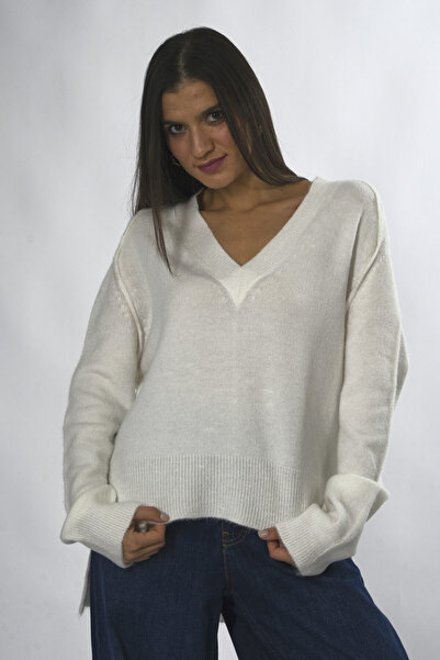 ABBRA Women's V-Neck Stitching Split Detail Knitwear Sweater