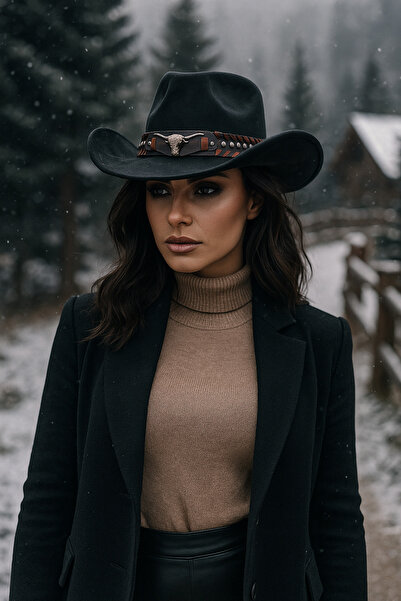 Luminos Butik Black Suede Cowboy Fedora Hat – Western Style with Silver Bull Figure Leather Strap