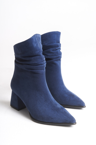 Shoesers Kadın Kalın Topuklu Sivri Burunlu Körüklü Süet Arkadan Fermuarlı Bot