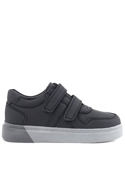 Rakerplus Genuine Leather Black Skin Gray Sole Velcro Boys Sneaker