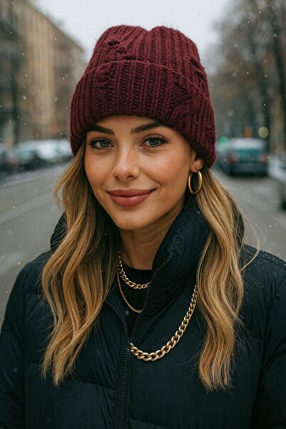 MARBERRY Burgundy Knitwear Perforated Fringed Women's Beret