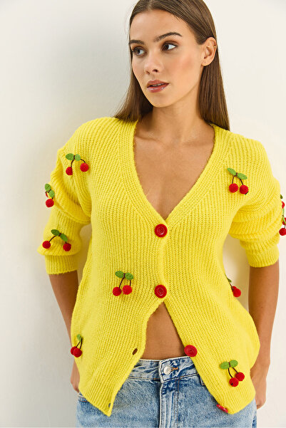 Bianco Lucci Women's V-Neck Cherry Accessory Knitwear Cardigan 60283662