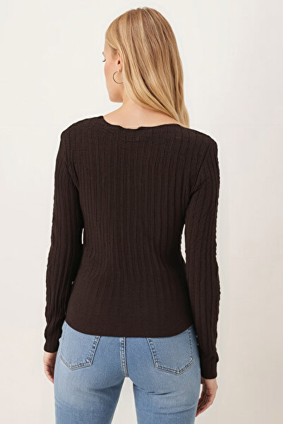 armonika Γυναικεία μακρυμάνικη μπλούζα με λαιμόκοψη σε σχήμα V, ζακάρ, καφέ ARM-26K135010