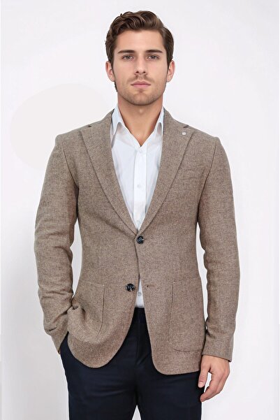 Velvarde slim fit mono yaka koyu bej astarsız tek ceket