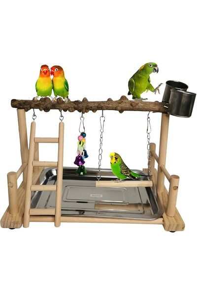 MyPetShop Natural Wood Bird Toys Playground with Removable Tray & 2 Stainless Steel Cups