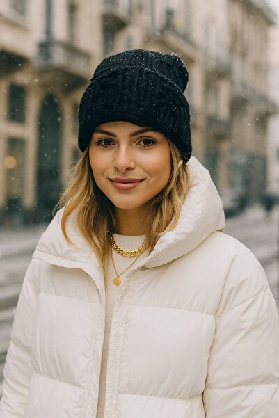 MARBERRY Tricotaj negru Beretă pentru femei cu franjuri perforate