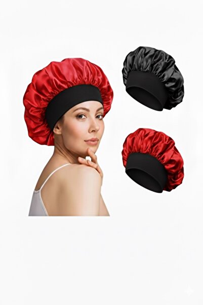 MODA Kırmızı ve siyah saten ikili bone seti