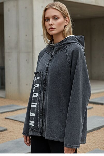 Kübra Tekstil Women's Anthracite Long Sleeve Hooded Plush Lined Zippered Oversize Jean Jacket – Women's Coat