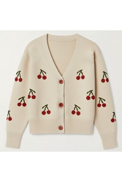 Erşan Giyim Women's Trend Popular Cherry Detail Stone Knitwear Cardigan