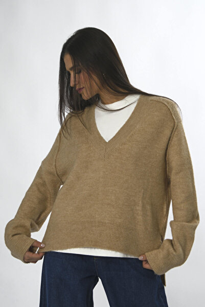 ABBRA Women's V-Neck Stitching Split Detail Knitwear Sweater