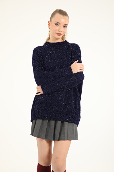 Suede Style 51114 - Şık Rahat Simli Kadın Triko Uzun Kazak