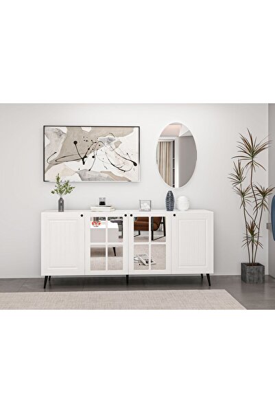 Minar Kale Cam Kapak Aynalı Konsol İlkbahar Beyaz Aynalı Beyaz