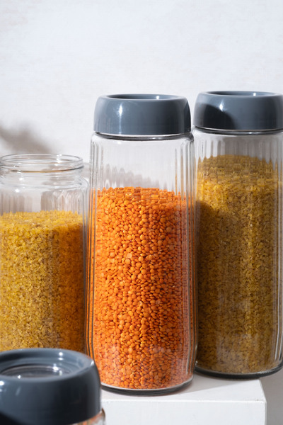 Homekolik Set of 12 Anthracite Lidded 1500 ml Glass Jars – Airtight, Kitchen Organization Storage Container