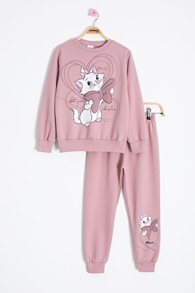 Cansın Mini Gül Kurusu Sevimli Kedi Baskılı Kız Çocuk Eşofman Takımı 22761