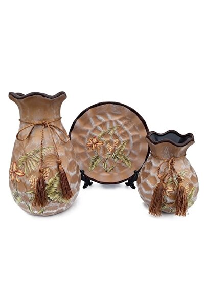 BV Set de 2 vaze și farfurie decorative din ceramică, Flori, Maro