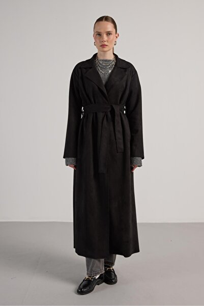 minaaise Kadın Siyah Dalgıç Süet Tam Boy Trençkot 30041