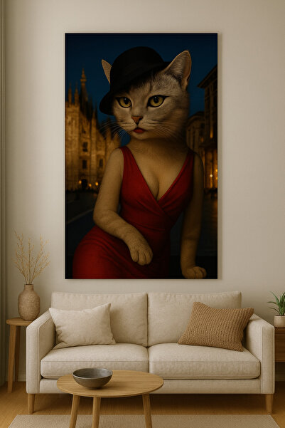 BLT DİZAYN Pictură pe sticlă cu pisică în rochie roșie și pălărie – Design ar...