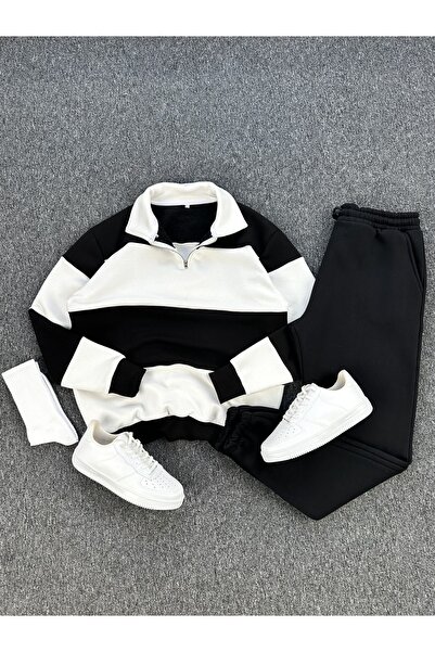 tetramoda Three-Thread Zippered Polo Neck Cotton Oversized Tracksuit Set