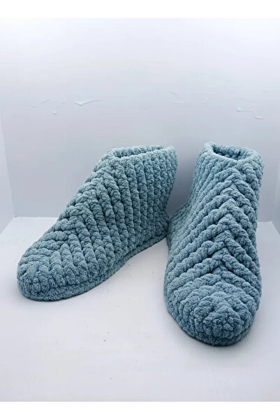 El Emeği Mavi Örgü Panduf Ev Terliği - Çeyizlik, 37-38 Numara, El Örmesi