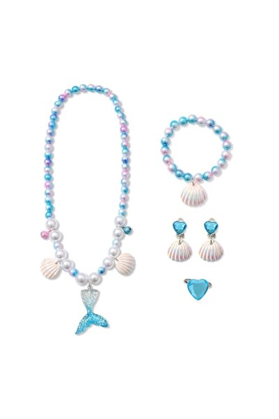 Tessero Set de bijuterii pentru fete: colier, brățară, cercei și inel, coadă de sirenă și scoici, Tessero, albastru