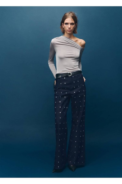 MANGO Woman Kristal detaylı wide leg jean pantolon