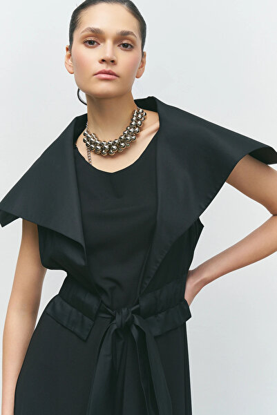 BİZE Tafta Koca Yakalı Elbise - Siyah