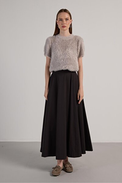 minaaise Women's Black Premium Fabric Flared Long Skirt 30015