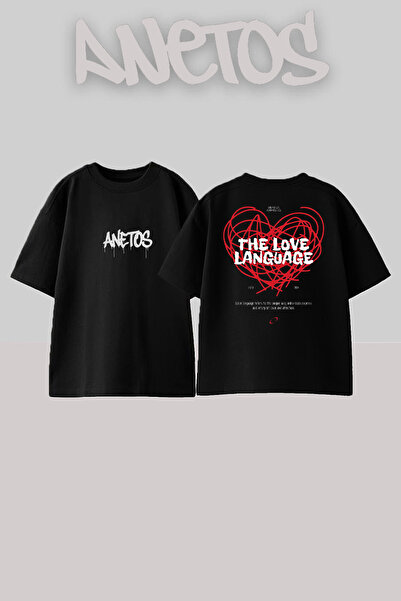 Anetos Tricou oversize negru din bumbac cu imprimeu pe spate The Love Language