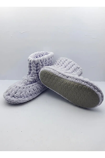 El Emeği Lila Renkli Örme Kaymaz Tabanlı Kadın Ev Patiği 35-36 Numara
