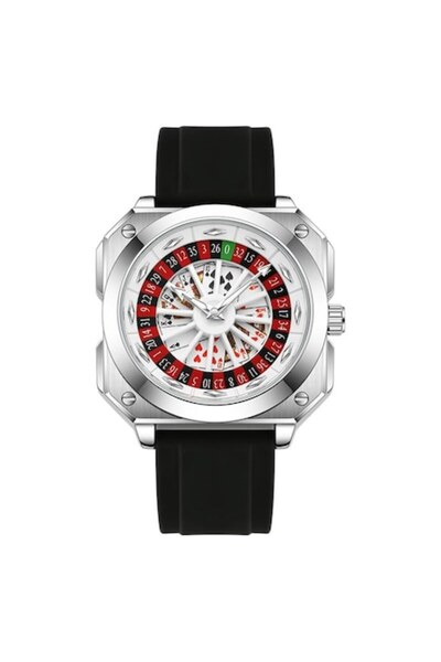 Tessero Ceas de cazinou de lux — model de ruletă și poker, design unic, curea de cauciuc, cuarț, argintiu și negru