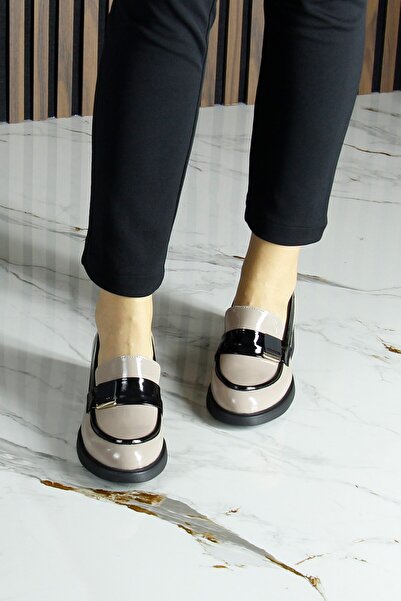 Erkan Saçmacı Mink Black Patent Leather Genuine Cowhide Buckle Thick Heeled Casual Loafer Shoes