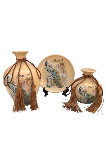 BV Set de 2 vaze și farfurie decorative din ceramică, Flori, Crem, 446H