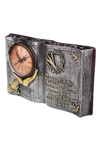 BV Table clock book-shaped with religious quote and crown of thorns, 24 cm